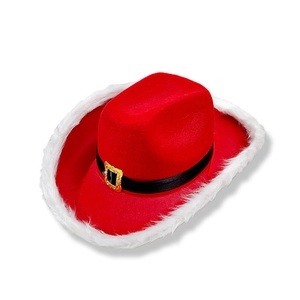Red Christmas cowboy hat with white plush trim and a black belt buckle on white background