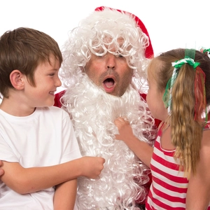 Realistic Santa Claus costume set with curly white wig, thick beard, and plush red hat