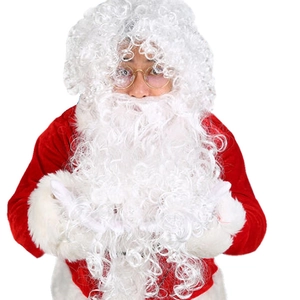 Santa Claus costume set with white curly wig, long thick beard and gold round glasses