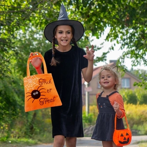Halloween pumpkin and spider non-woven candy bags held by girls in festive costumes