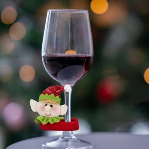 Christmas elf sequin wine glass marker charm with red hat and green collar for table decor