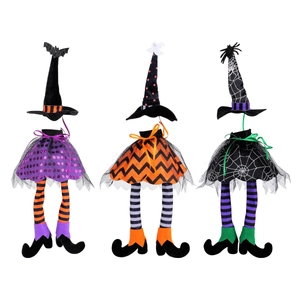 Three Halloween witch wine bottle covers set with sparkling hats and striped legs