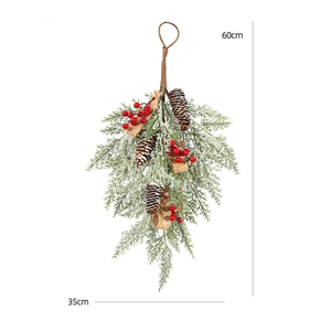 60cm Christmas teardrop swag with snowy pine, red berries, pinecones and burlap bow