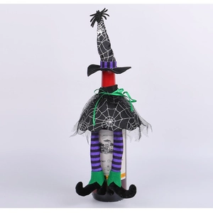 Halloween witch bottle cover set with spider web hat and purple striped legs for party decor