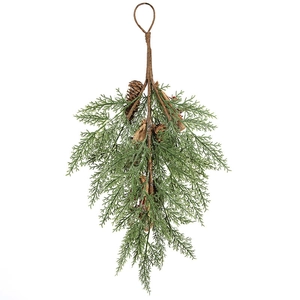 Artificial Christmas cedar pine garland with natural cones and burlap bag hanging decoration