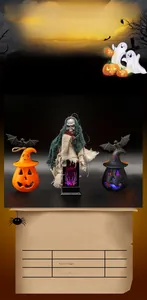 Vue détaillée du set de lanternes citrouilles LED d'Halloween et lampe squelette