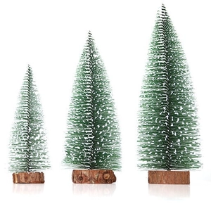 Set of three mini artificial frosted Christmas trees with wooden bases for table decor