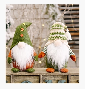 Detail of Christmas gnomes with knitted hats and white beards in warm festive setting