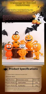 Size chart showing resin Halloween pumpkin figurines with dimensions and weight details