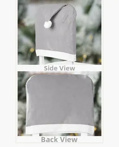Detail view of grey Christmas chair covers with white pom-poms from side and back angles