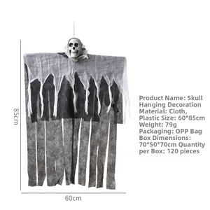 Detailed view of Halloween skull hanging ghost with dimensions 85x60cm and light fabric