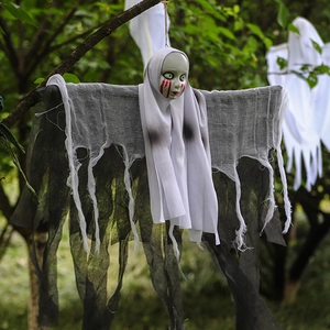 Scary Halloween skeleton ghost hanging decoration with bloody baby face and tattered gauze