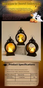 Three Halloween LED lanterns with spooky silhouettes including witches and bats
