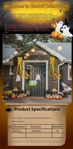 Detailed specs of Halloween ghost windsock with orange, green, and yellow polyester fabric