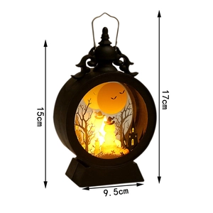 Halloween decorative lantern with LED candle showing dimensions 15cm height and 9.5cm width