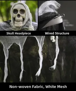Detail of Halloween skull hanging ghost with flexible wire frame and mesh fabric