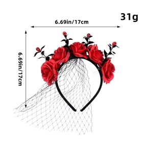 Gothic Halloween headband with red roses, skulls and black veil, 17cm width and 31g weight