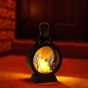 Halloween Decorative Wind Lantern LED Retro Electronic Candle Light Castle Pumpkin Witch Silhouette Desk Ornament Party Decor