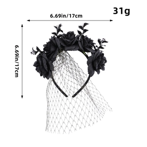 Detailed size chart of a black gothic rose headband with skull and mesh veil, 17cm x 17cm