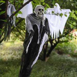 Hanging Halloween skull ghost with tattered black fabric for outdoor garden decoration