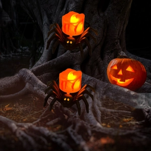Halloween black spider LED candle light with orange flickering flame for spooky decor