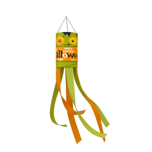 Detail of Halloween ghost windsock with Happy Halloween text and colorful ribbons