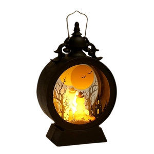 Halloween decorative lantern with warm LED light featuring pumpkin and castle paper-cut scene