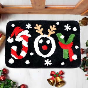 Tapis de Noël JOY avec renne et flocons sur paillasson noir en faux cachemire