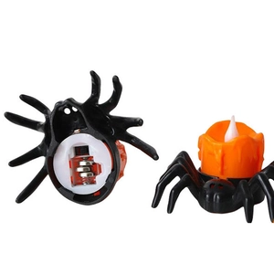 Detail view of Halloween spider LED candle showing battery compartment and bottom switch