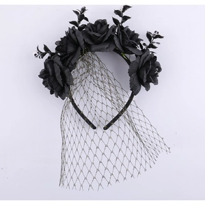 Gothic Halloween black rose headband with mesh veil and small skull accents