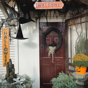 Halloween front door decor set with witch hats, spiders, and welcome signs