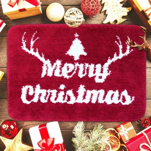 Tapis de Noël en peluche rouge avec lettrage Merry Christmas et motif de renne