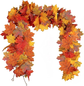 Detailed view of artificial maple leaf garland with realistic textures and fall colors