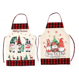 Christmas buffalo plaid gnomes aprons in beige linen with festive Merry Christmas prints