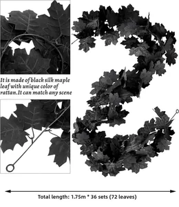 Detail of 1.75m black silk maple leaf garland with 72 leaves and mounting hooks