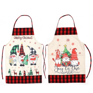 Christmas Gnome Kitchen Apron Buffalo Plaid Printed Linen Look Fabric Anti Fouling Waist Apron For Home Restaurant Cooking Party