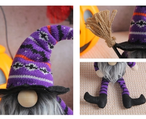 Dettaglio di uno gnomo di Halloween con cappello lavorato a maglia e scopa in miniatura