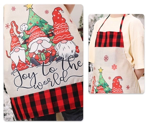 Close-up of Joy to the World Christmas gnome apron with red black plaid trim