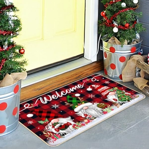 Weihnachts-Fußmatte mit rotem Karomuster, Wichtel-Grafiken und weißem Welcome-Schriftzug