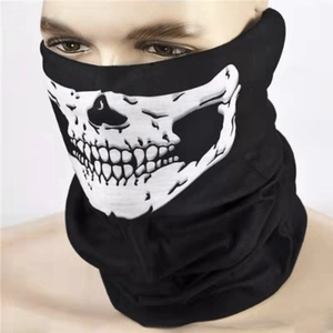Detail of breathable skull face mask with white skeletal teeth print for outdoor sports