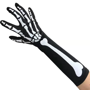Close-up of long black Halloween gloves with white bone skeleton print on elastic fabric