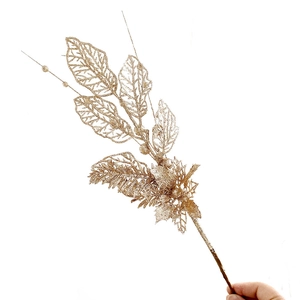 Branche artificielle dorée à paillettes avec feuilles creuses pour décor de Noël