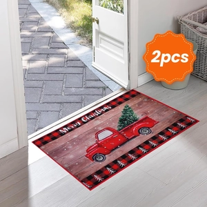 2-piece Christmas buffalo plaid doormat set with vintage red truck and Merry Christmas text
