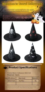Size chart for black Halloween witch hats featuring spider web and pumpkin patterns