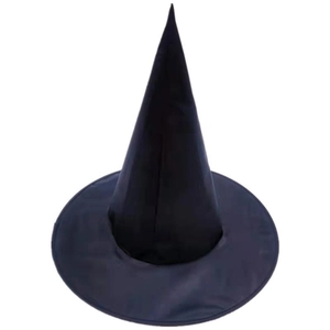 Close-up of black pointed witch hat with wide flat brim for Halloween costumes