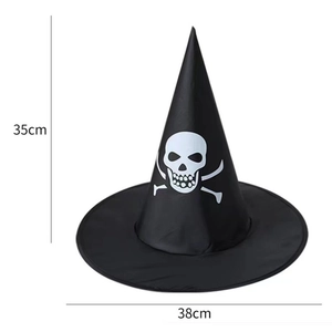 Black Halloween witch hat with skull print, 35cm high and 38cm wide dimensions