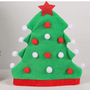 Christmas tree shaped party hat in green felt with red trim and colorful pom poms