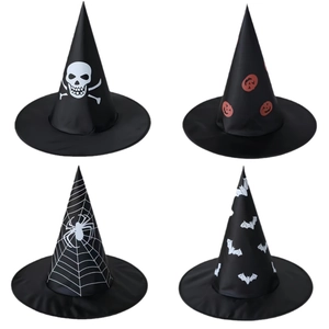 Halloween Witch Hat Pointed Wizard Hat With Pumpkin Spider Web Skeleton Bat Pattern Black Costume Party Hat For Women Unisex