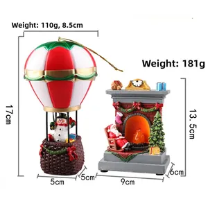 Detailed view of resin Santa and snowman ornaments with specific weight and size specs