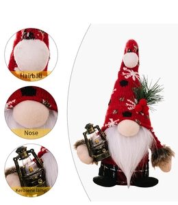 Detailed close-up of Christmas gnome featuring knit hat, plush beard and mini kerosene lamp